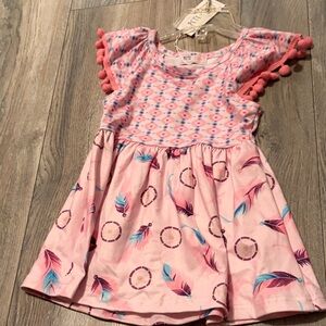 NWT Pete & Lucy pink  Feather-Print Girls Dress 6/12m